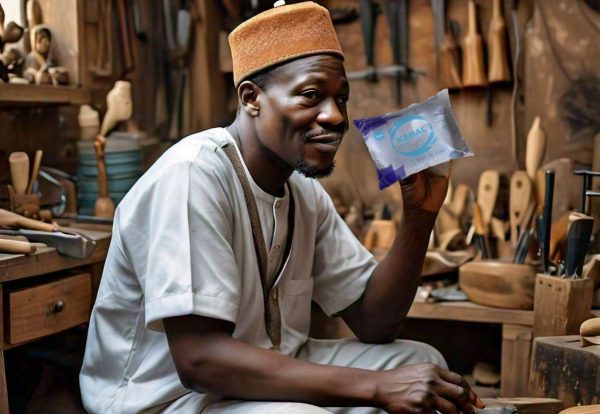 A man holding KAHAL SACHET WATER